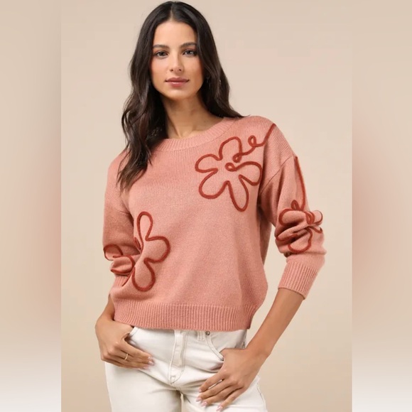 Lulus Composed Cutie Dusty Pink Floral Applique Pullover Sweater - Picture 2 of 3
